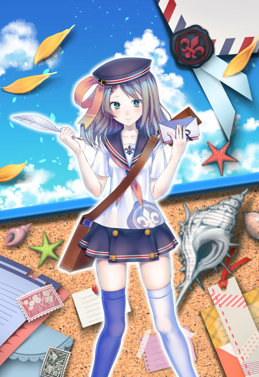 1girl, :>, bag, bangs, blue_eyes, blue_hair, blue_hat, blue_legwear