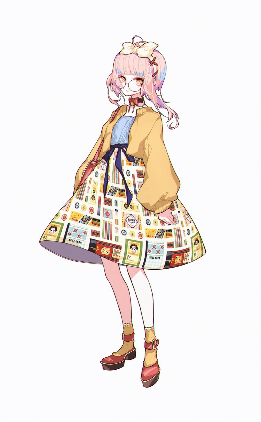 1girl, :/, arms_at_sides, bag, bangs, beige_legwear, blue_shirt, blunt_bangs