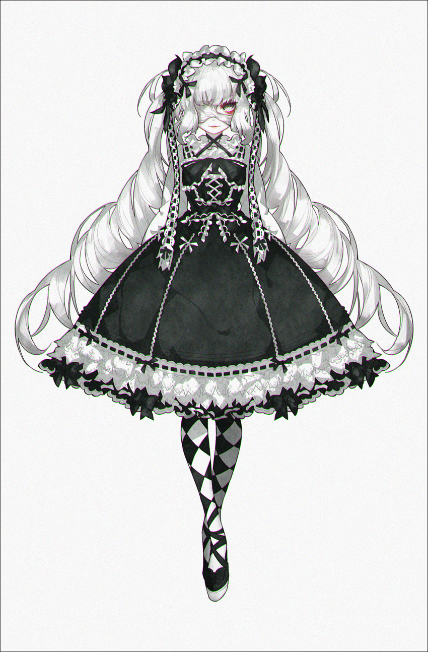 1girl, argyle, argyle_legwear, arms_at_sides, bandage_over_one_eye, black_dress, black_shoes, chromatic_aberration