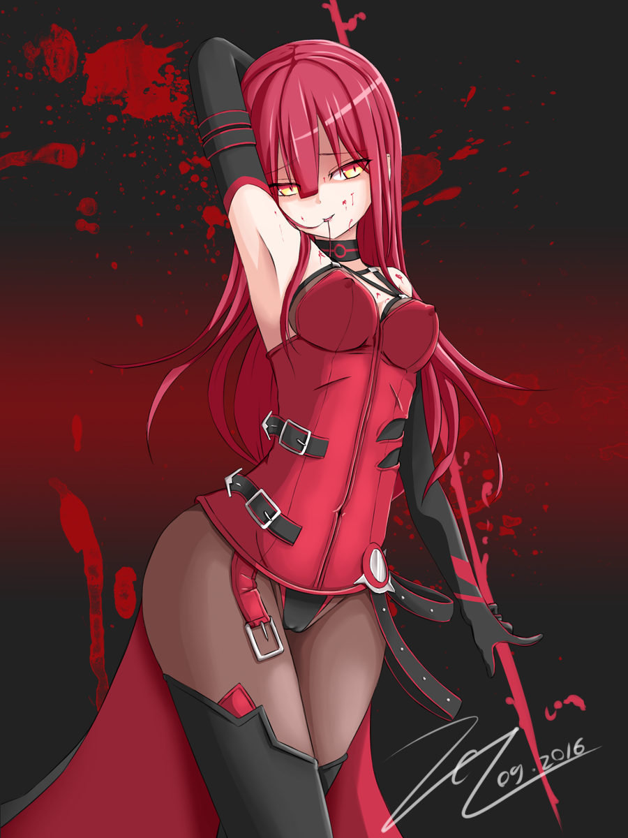 1girl, black_gloves, blood, blood_on_face, blush, breasts, cleavage, crimson_avenger_(elsword)