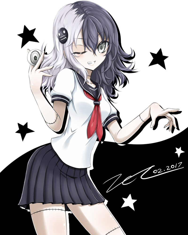 1girl, black_hair, black_skirt, blush, dated, eyebrows_visible_through_hair, fujimi_yomi, grey_eyes, hitomi_sensei_no_hokenshitsu, looking_at_viewer, multicolored_hair, neckerchief, one_eye_closed, parted_lips, red_neckerchief, scarlet_zel, signature, skirt, smile, solo, stitches, teeth, white_hair