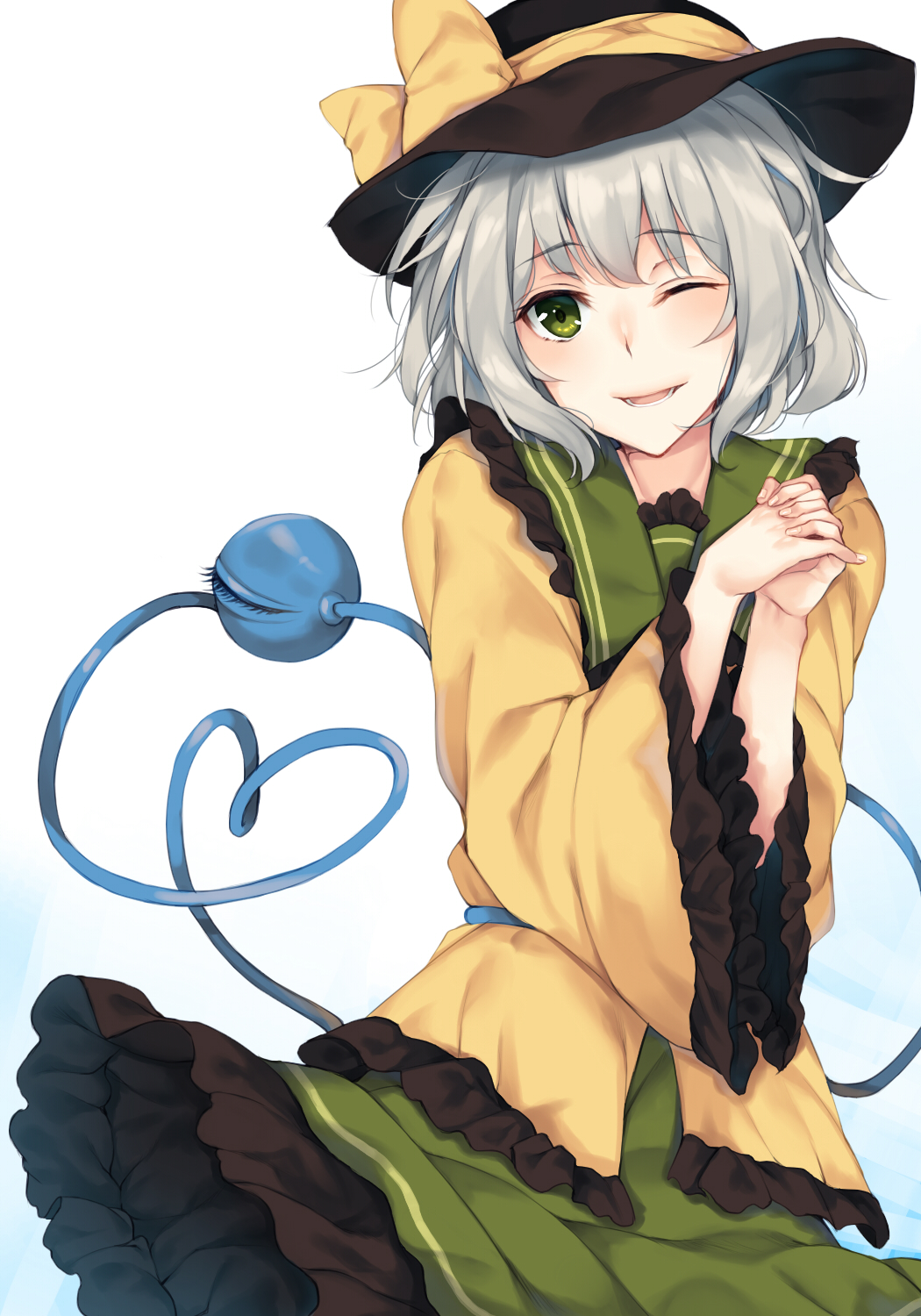1girl, eyeball, floral_print, green_eyes, green_skirt, hands_clasped, hat, hat_ribbon