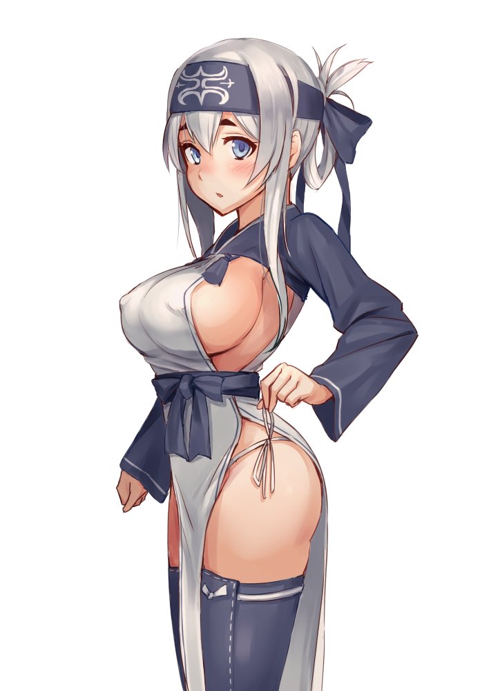10s, 1girl, ainu_clothes, bandanna, black_legwear, blue_eyes, breasts, cowboy_shot