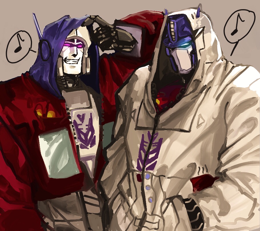 2boys, 80s, autobot, blue_eyes, decepticon, dress, glowing, glowing_eyes
