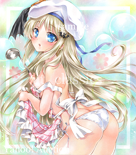 1girl, apron, artist_name, ass, at_classics, bangs, bat_hair_ornament, blonde_hair, blue_eyes, blush, breasts, cowboy_shot, erect_nipples, eyebrows_visible_through_hair, frilled_apron, frills, from_side, hair_ornament, hat, holding, kudryavka_(ray-kudryavka), ladle, little_busters!!, long_hair, looking_at_viewer, medium_breasts, open_mouth, panties, sample, solo, strap_slip, traditional_media, underwear, very_long_hair, watermark, white_panties