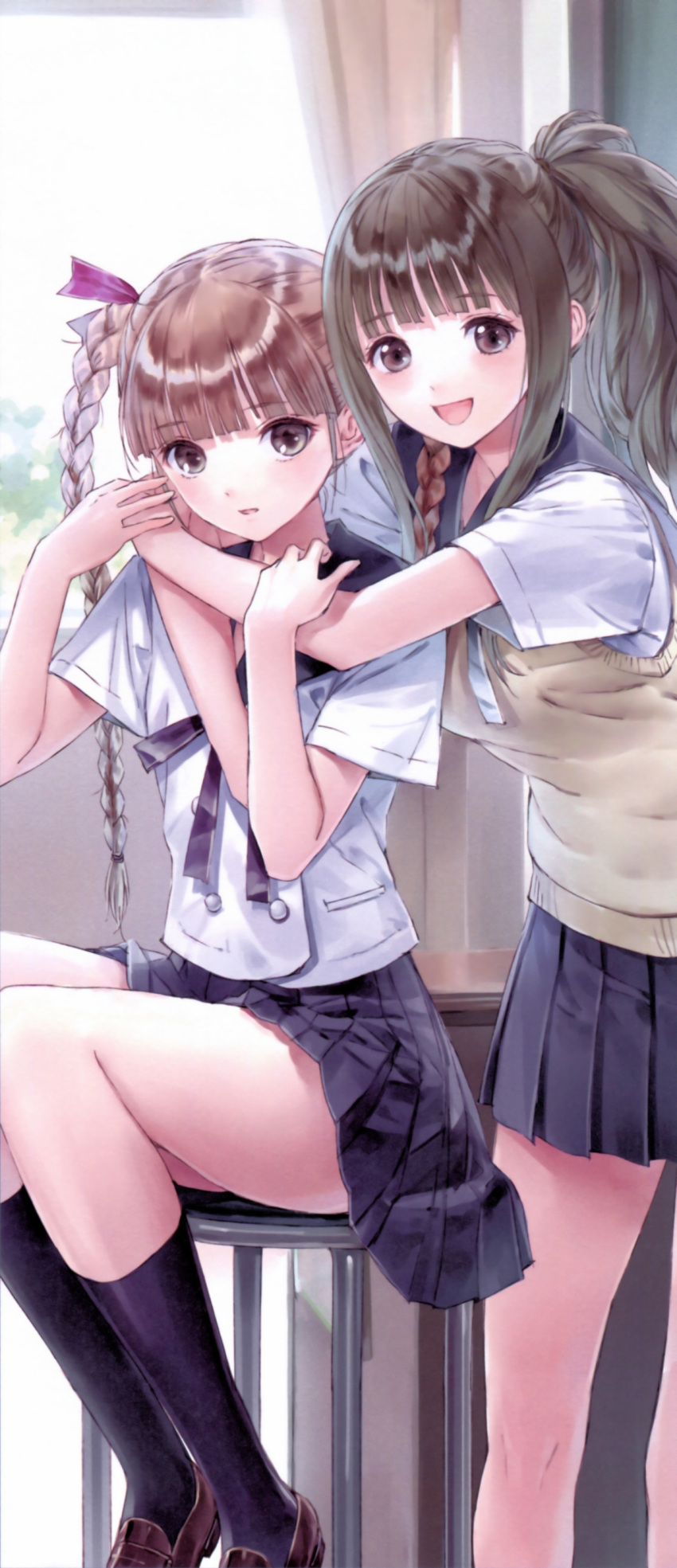 2girls, :d, absurdres, black_legwear, black_ribbon, black_skirt, blue_reflection, braid