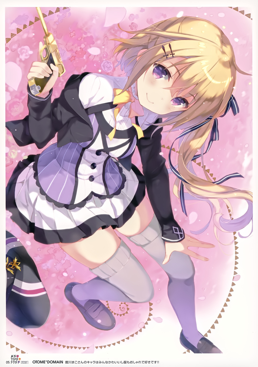 1girl, absurdres, asymmetrical_hair, black_ribbon, blonde_hair, bow, bowtie, grey_legwear