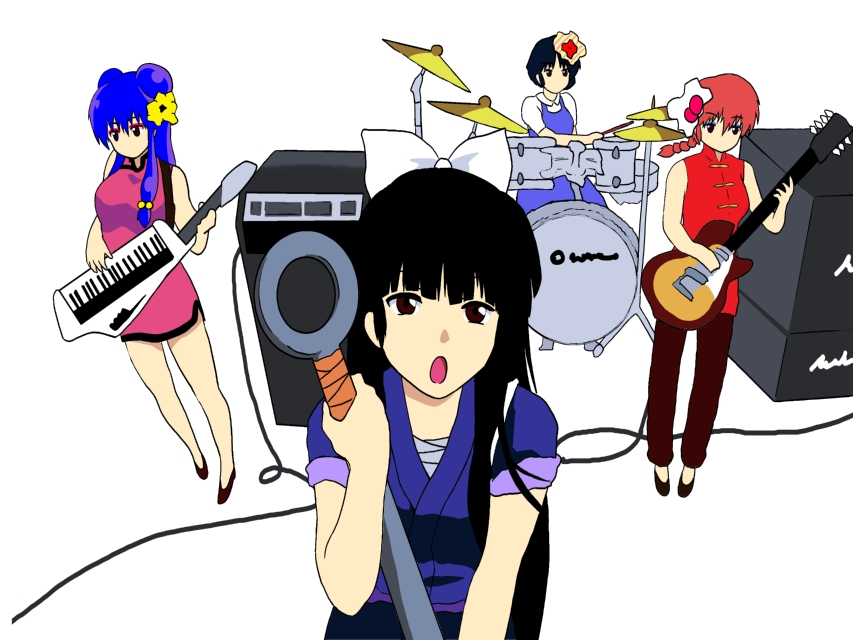 4girls, black_hair, blue_hair, china_dress, chinese_clothes, don't_say_"lazy", don't_say_lazy, drum