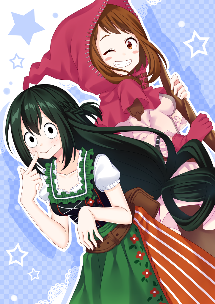 2girls, ;d, alternate_costume, asui_tsuyu, blush, blush_stickers, boku_no_hero_academia, braid