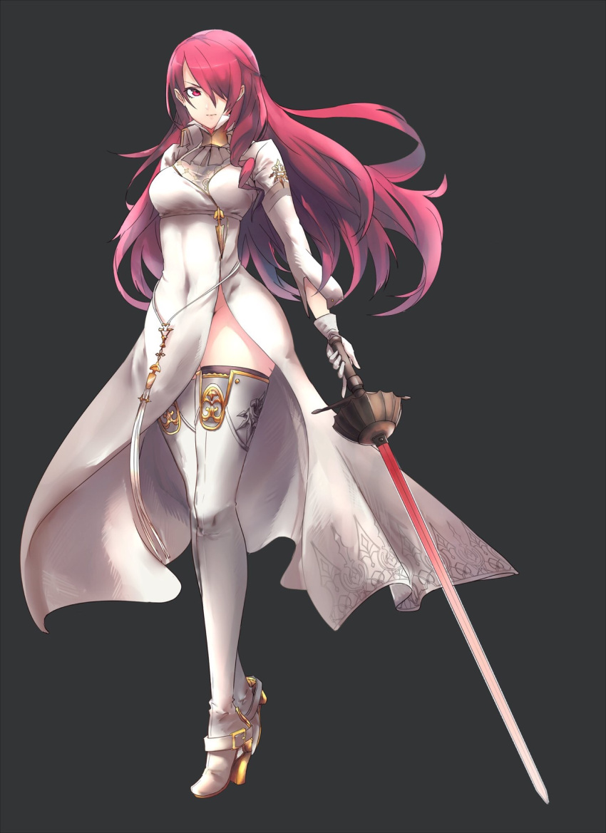 1girl, black_background, cosplay, hair_over_one_eye, high_heels, highres, holding, holding_sword, holding_weapon, kirijou_mitsuru, long_hair, looking_at_viewer, nier_(series), nier_automata, persona, persona_3, persona_3_portable, persona_4:_the_ultimate_in_mayonaka_arena, rapier, rdc7229, red_eyes, redhead, simple_background, solo, sword, thigh-highs, weapon, yorha_infantry_squad_commander, yorha_infantry_squad_commander_(cosplay)