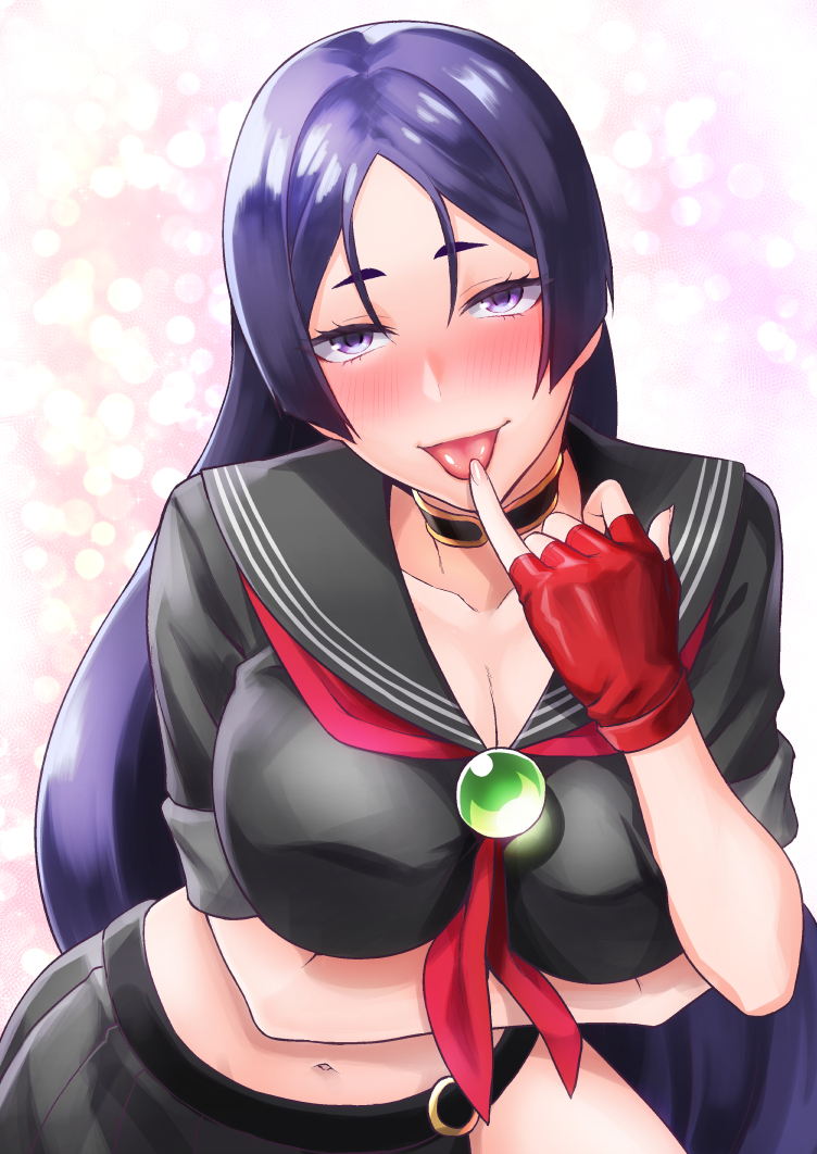 1girl, alternate_costume, black_serafuku, blush, breast_hold, breasts, choker, cowboy_shot