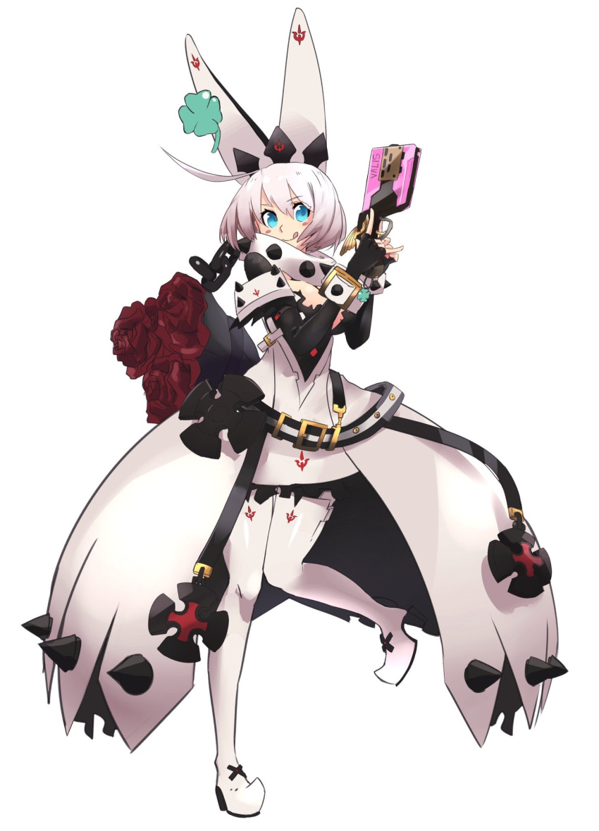 1girl, blue_eyes, bob_cut, boots, bouquet, elphelt_valentine, flower, gloves