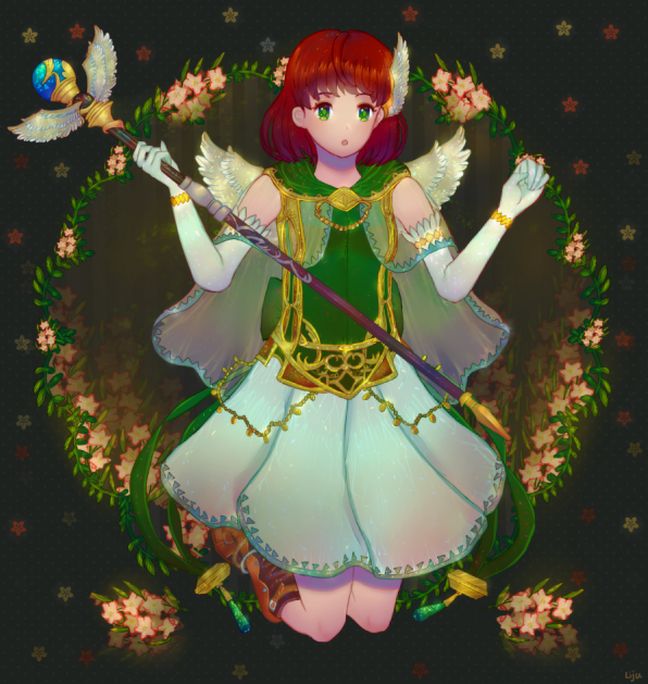 1girl, boots, cape, fire_emblem, fire_emblem:_rekka_no_ken, floral_background, holding, looking_at_viewer, priscilla_(fire_emblem), redhead, skirt, solo, staffs