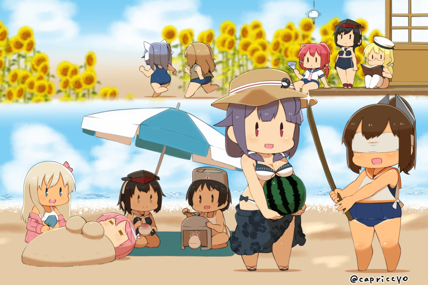 6+girls, beach, beach_umbrella, bikini, black_hair, blonde_hair, blue_hair, blue_swimsuit