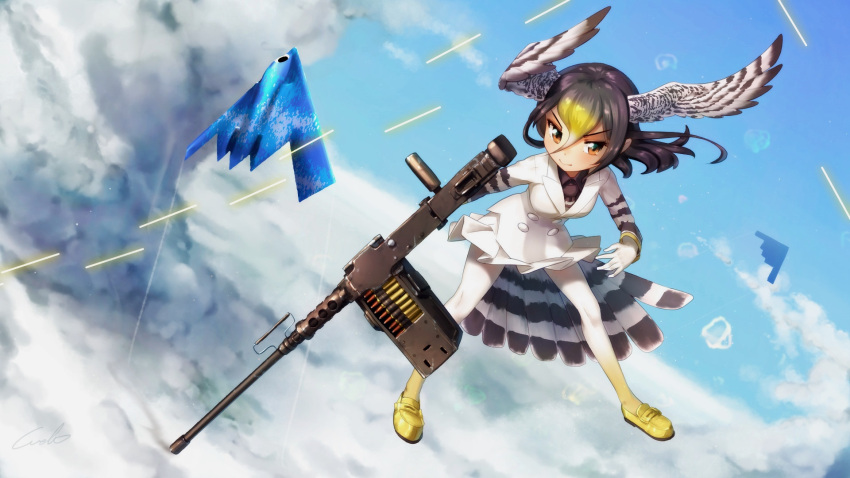 1girl, artist_name, black_hair, blonde_hair, cerulean_(kemono_friends), clouds, day, feathered_wings