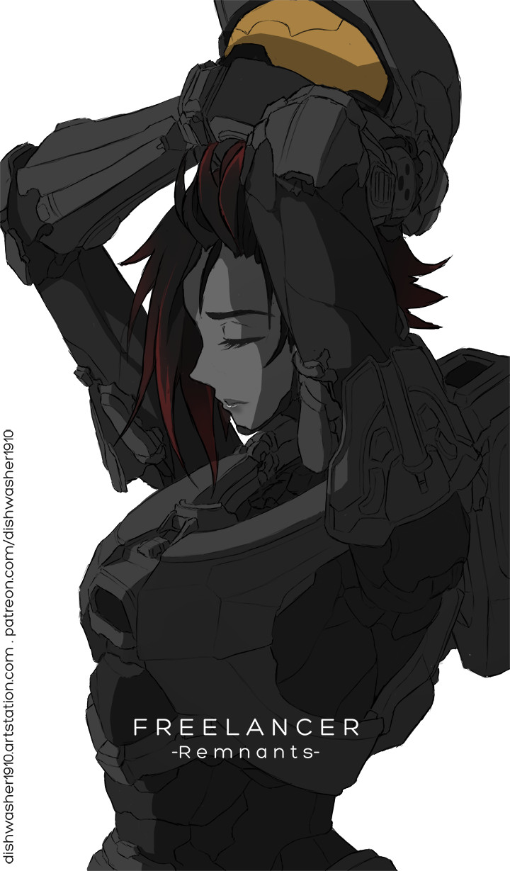 1girl, black_hair, bodysuit, closed_eyes, dishwasher1910, halo_(game), highres, multicolored_hair, redhead, removing_helmet, ruby_rose, rwby, short_hair, solo, spartan_(halo), watermark, web_address, white_background