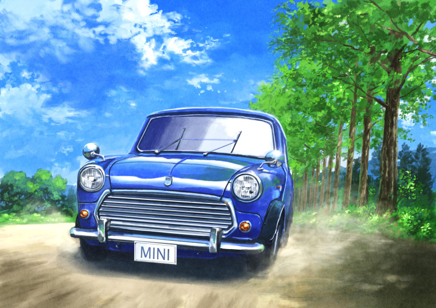 absurdres, blue_sky, car, clouds, cloudy_sky, day, driving, grass