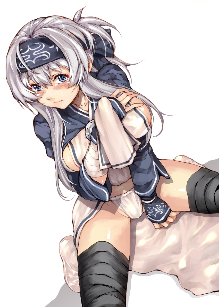 1girl, ainu_clothes, between_legs, black_legwear, blue_eyes, blush, breast_suppress, breasts