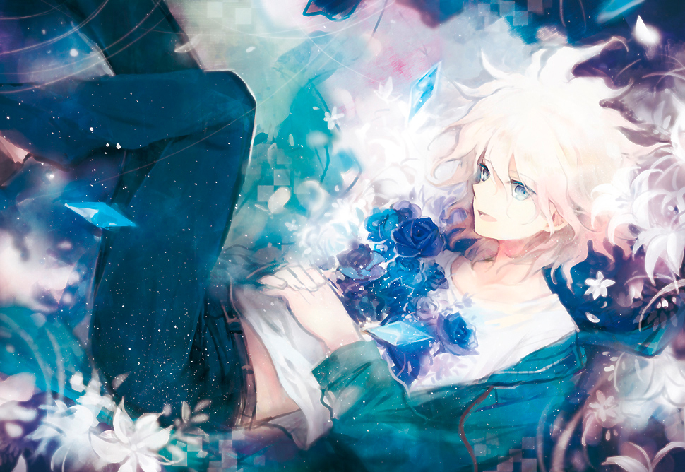 1boy, :d, aqua_sweater, belt, black_pants, blue_eyes, blue_flower, bouquet