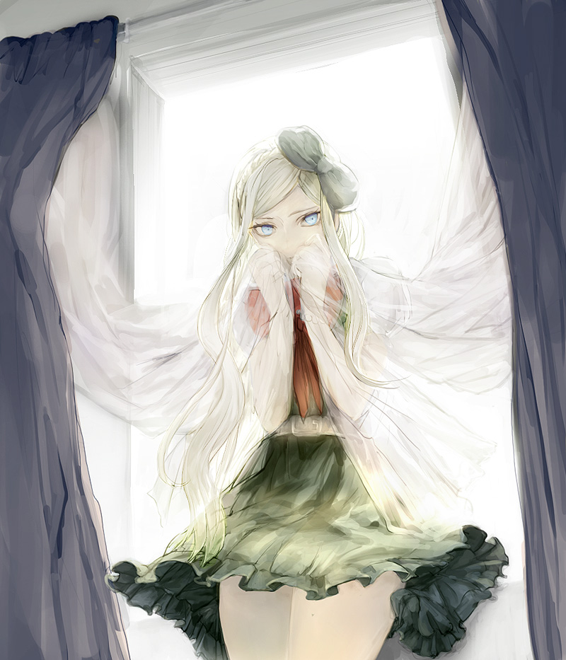 1girl, belt, black_bow, blue_eyes, bow, bowtie, cowboy_shot, dangan_ronpa