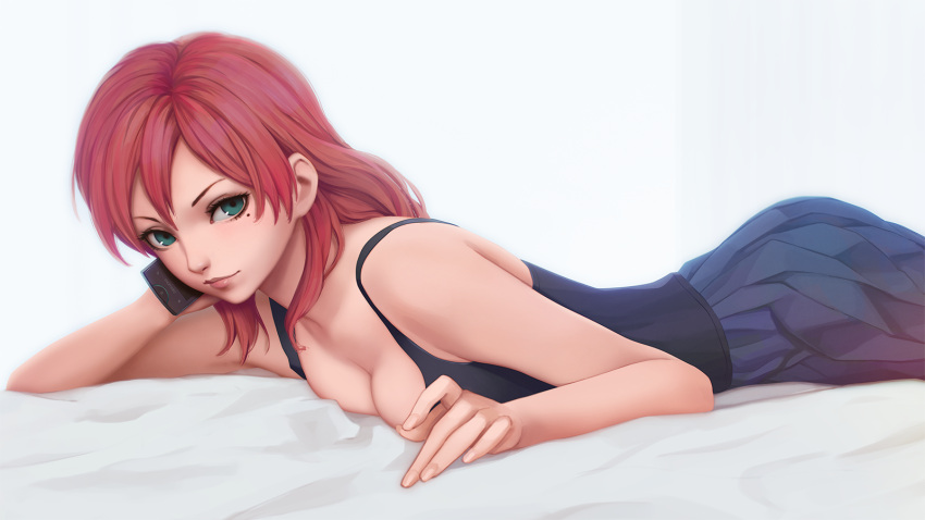 1girl, bangs, bed_sheet, black_shirt, blue_skirt, breasts, cellphone, cleavage