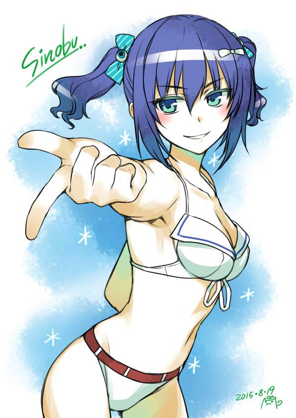 1girl, alpha_(yukai_na_nakamatachi), bikini, boku_no_hitori_sensou, bow, character_name, commentary_request, dated, hair_bow, index_finger_raised, jpeg_artifacts, maewaki_shinobu, purple_hair, solo, swimsuit, twintails, white_bikini