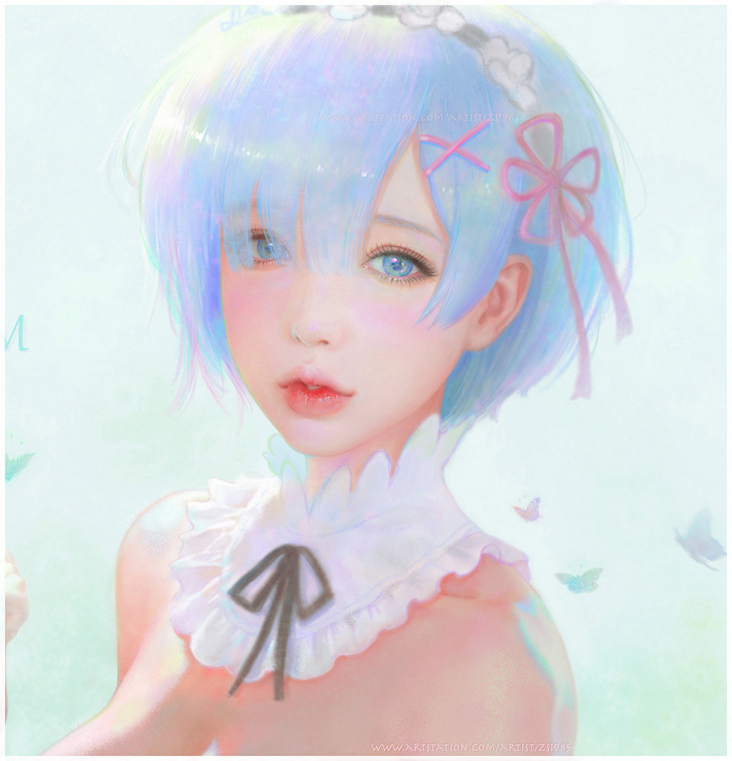 1girl, artist_name, artstation_username, bangs, black_ribbon, blue_eyes, blue_hair, blush