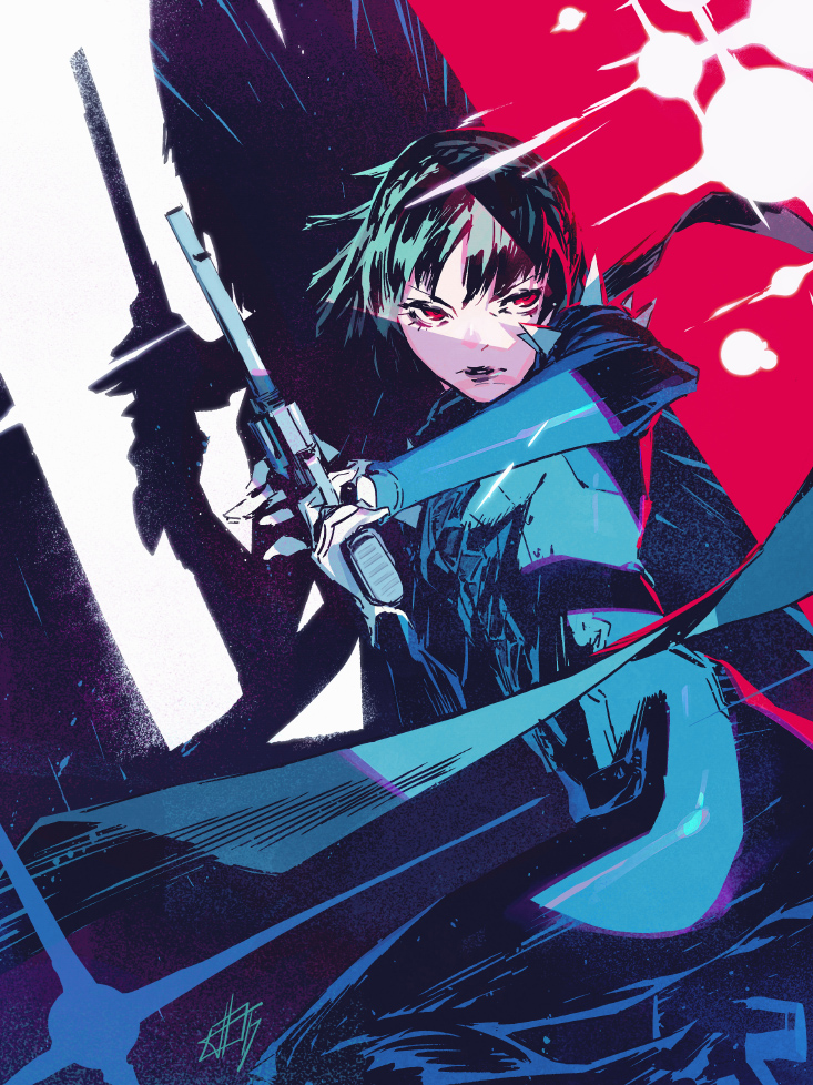 1girl, brown_hair, gun, handgun, niijima_makoto, persona, persona_5, red_eyes