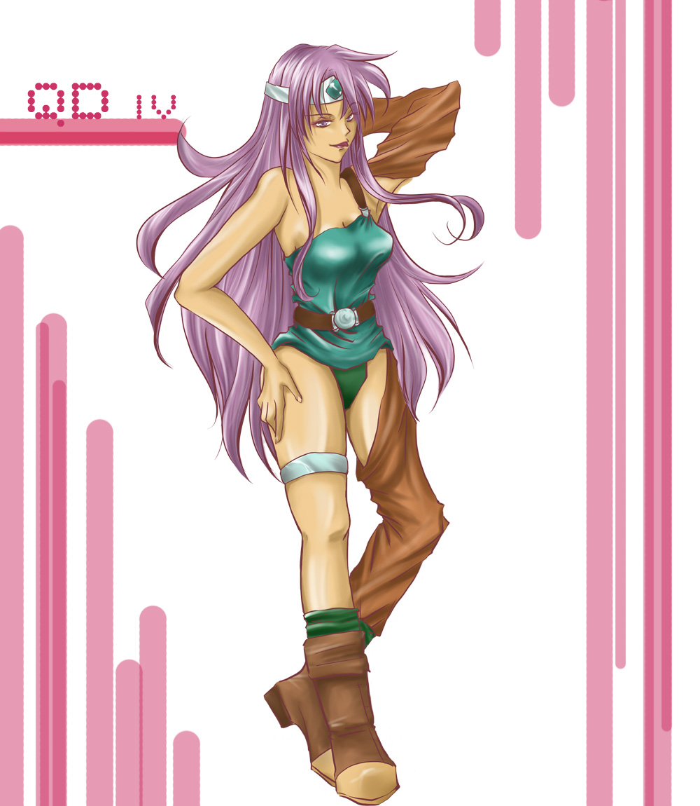 boots, circlet, cosplay, costume_switch, detached_sleeves, dragon_quest, dragon_quest_iv, hatori_naruyoshi, heroine_(dq4), heroine_(dq4)_(cosplay), long_hair, manya, one_thighhigh, purple_eyes, purple_hair, single_thighhigh, solo, thighhighs, violet_eyes