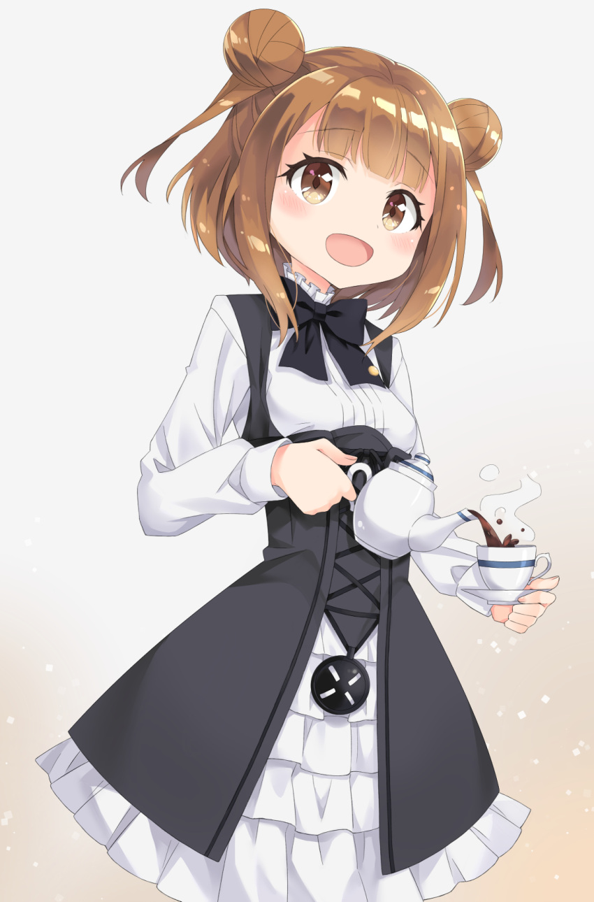 1girl, :d, beatrice_(princess_principal), brown_eyes, brown_hair, cup, double_bun, highres