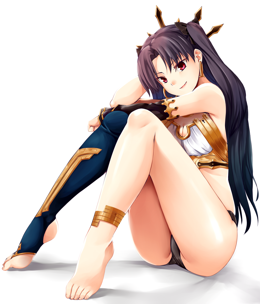 1girl, ass, barefoot, black_hair, blush, breasts, cleavage, closed_mouth