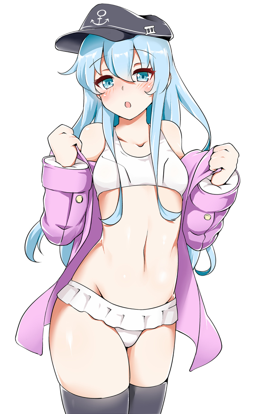 1girl, alternate_costume, aoi_renji, black_legwear, blue_eyes, blush, breasts, hat, hibiki_(kantai_collection), highres, jacket, kantai_collection, light_blue_hair, looking_at_viewer, peaked_cap, purple_jacket, small_breasts, solo, thigh-highs, white_background