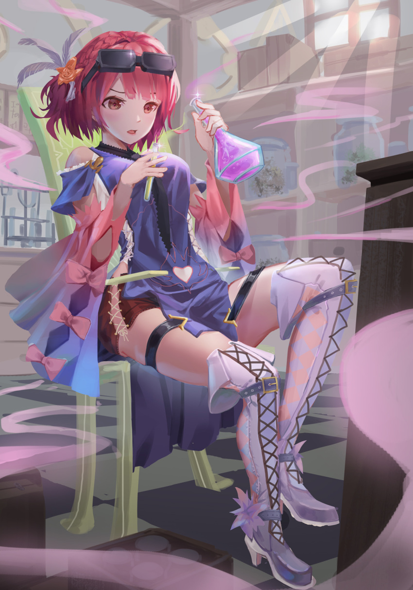 1girl, boots, braid, brown_shorts, bu_leike, chair, checkered, checkered_floor