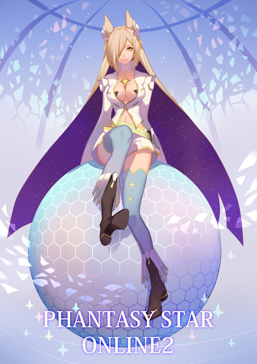 1girl, :>, alma_(pso2), arms_at_sides, blue_background, blue_legwear, boots, breasts, brown_boots, brown_hair, cleavage, closed_mouth, collarbone, commentary_request, copyright_name, full_body, hair_over_one_eye, head_tilt, hexagon, highres, jewelry, knee_boots, kurenai907, large_breasts, long_hair, looking_at_viewer, navel, necklace, orb, phantasy_star, phantasy_star_online_2, shirt, sitting, skirt, smile, solo, star_(sky), thigh-highs, very_long_hair, white_shirt, white_skirt, yellow_eyes