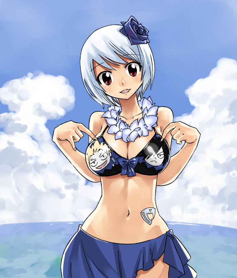 1girl, :d, bangs, bikini, bikini_top, blue_rose, blue_sky, breasts, brown_eyes, clouds, day, eyebrows_visible_through_hair, fairy_tail, flower, flower_on_head, hair_flower, hair_ornament, hips, large_breasts, looking_at_viewer, mashima_hiro, navel, ocean, open_mouth, rogue_cheney, rose, sarong, short_hair, sky, smile, solo, sting_eucliffe, stomach_tattoo, swept_bangs, swimsuit, water, white_hair, yukino_aguria
