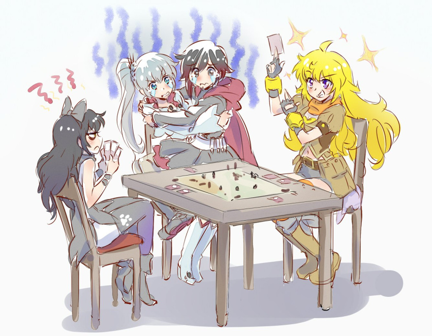 4girls, blake_belladonna, card, crying, exhausted, hug, iesupa, multiple_girls