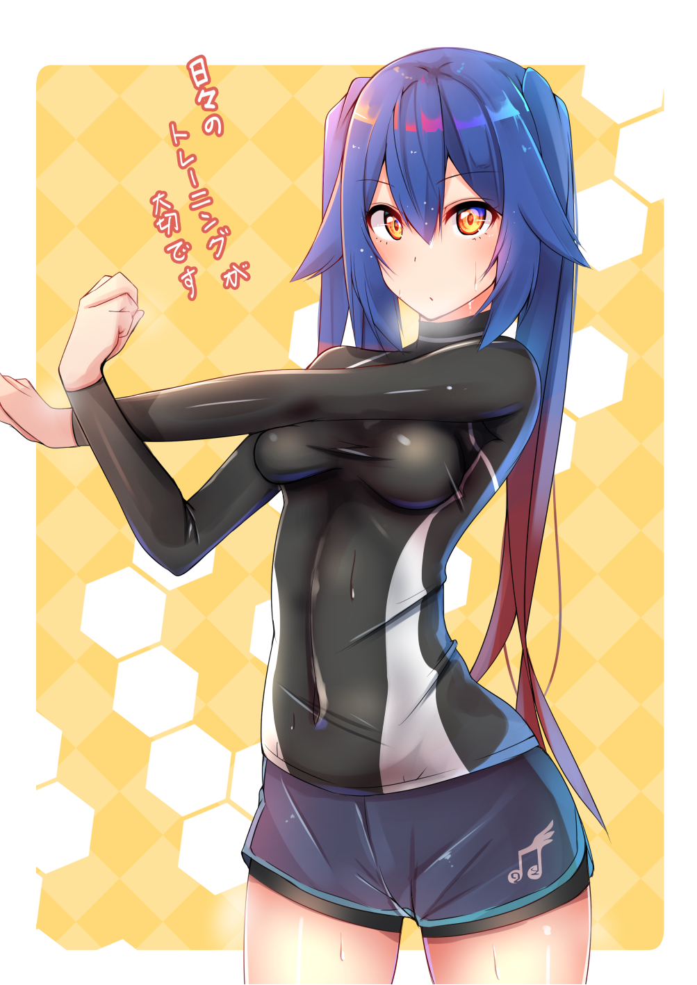 1girl, argyle, argyle_background, black_shirt, blue_hair, blue_shorts, blush, border, breasts, brown_eyes, covered_navel, cowboy_shot, eyebrows_visible_through_hair, gradient_hair, gym_shorts, hair_between_eyes, hair_flaps, hexagon, highres, long_hair, long_sleeves, looking_at_viewer, medium_breasts, multicolored_hair, musical_note, musical_note_print, outside_border, outstretched_arm, phantasy_star, phantasy_star_online_2, quna_(pso2), racket_ti1, redhead, shirt, shorts, skin_tight, solo, standing, sweat, translation_request, twintails, two-tone_hair, very_long_hair, yellow_background, zelsius