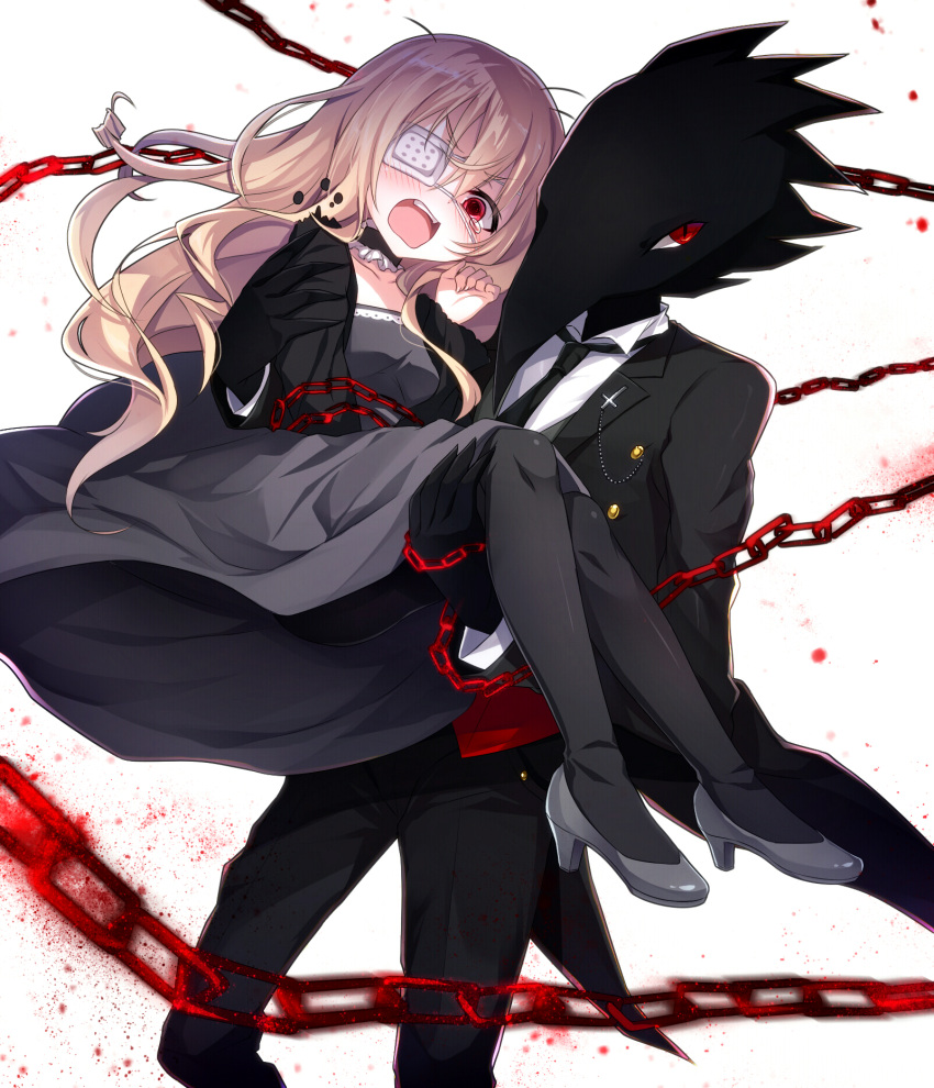 1boy, 1girl, @_@, bangs, black_choker, black_dress, black_jacket, black_legwear, black_necktie, black_pants, black_skin, black_suit, blonde_hair, caron_(higyaku_no_noel), carrying, chains, choker, collarbone, collared_shirt, commentary_request, cross, demon_boy, dress, embarrassed, eyebrows_visible_through_hair, eyepatch, formal, frilled_choker, frills, hair_between_eyes, hand_up, highres, higyaku_no_noel, inverted_cross, jacket, long_hair, long_sleeves, looking_at_viewer, medical_eyepatch, necktie, noel_cerquetti, open_mouth, pants, pantyhose, princess_carry, red_eyes, shirt, standing, suit, tears, wavy_hair, white_background, white_shirt