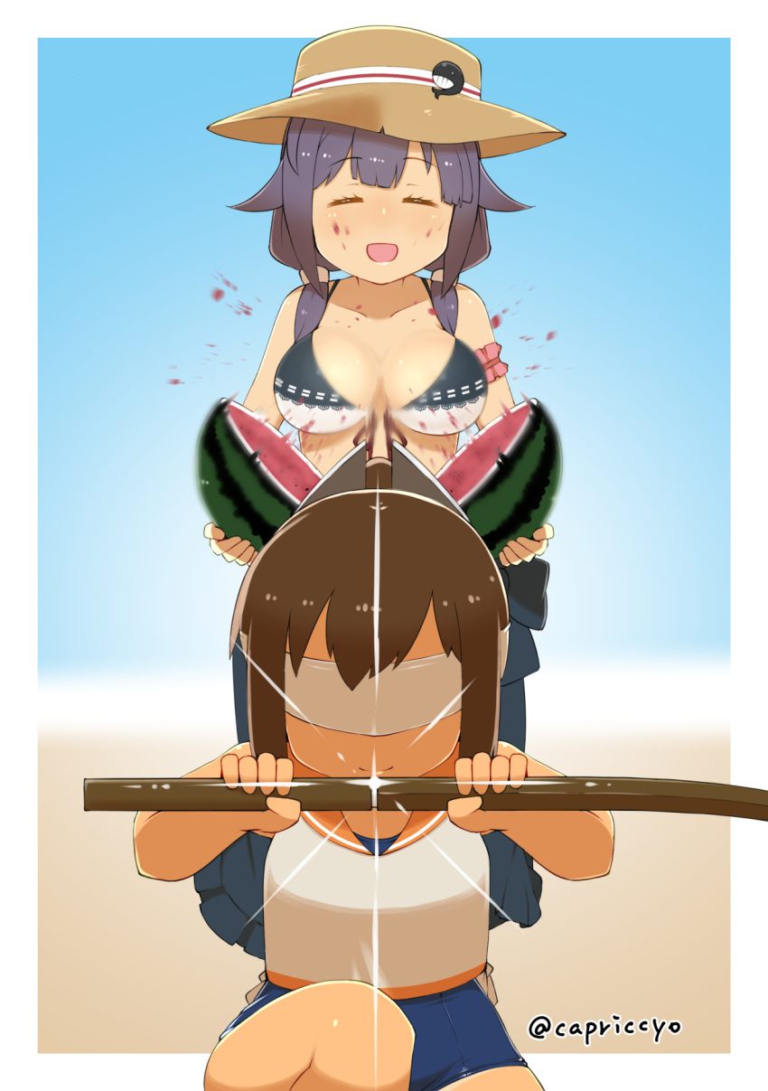 2girls, bikini, blindfold, breasts, brown_hair, capriccyo, cleavage, closed_eyes