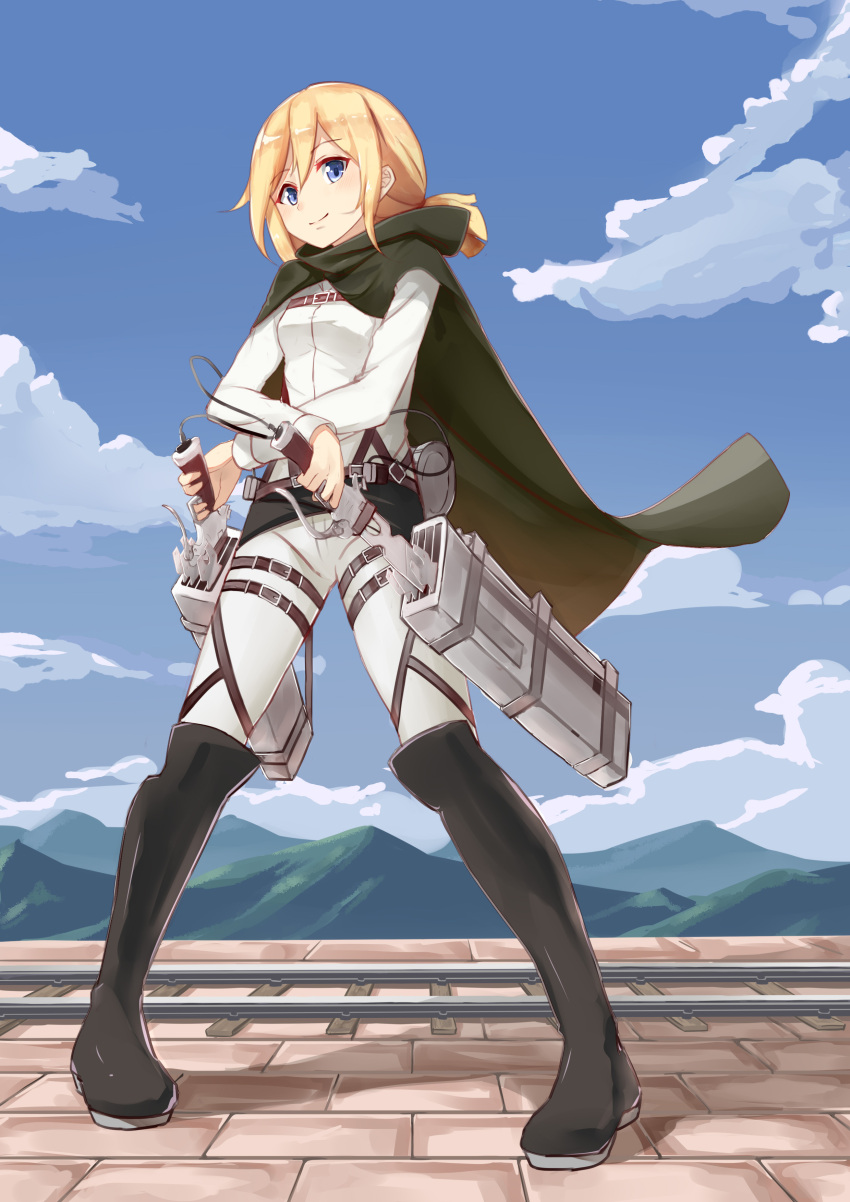 absurdres, blonde_hair, blue_eyes, blue_sky, blush, boots, cape, christa_renz