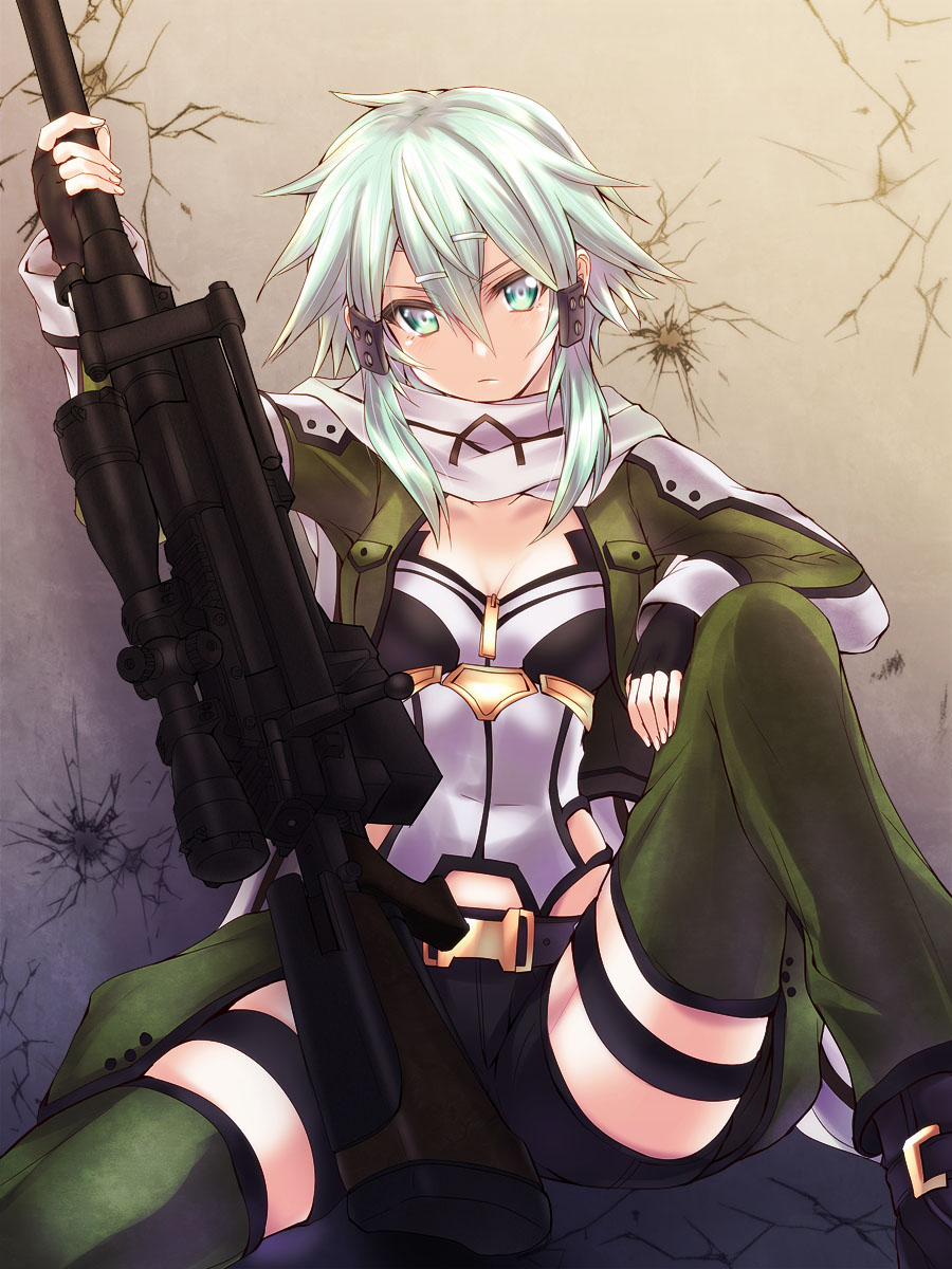 >:/, 1girl, :/, anti-materiel_rifle, aqua_hair, black_gloves, breasts, bullet_hole
