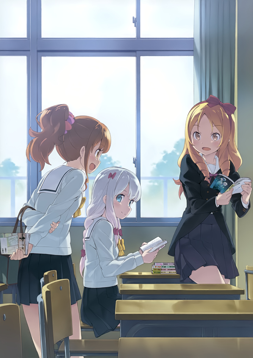 3girls, absurdres, bangs, black_skirt, blonde_hair, blue_eyes, blush, book