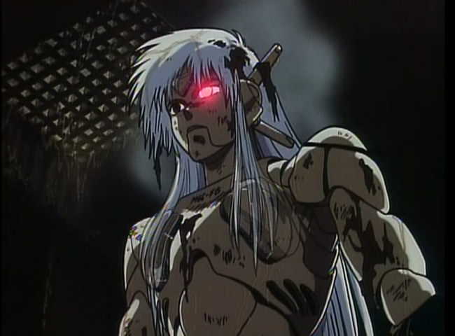 android, black_magic_m-66, dark, masamune_shirow, red_eyes, smoke, white_hair