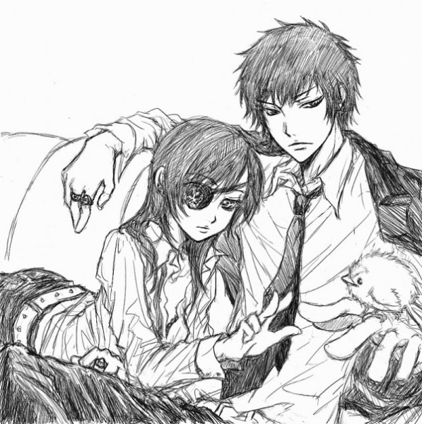 1boy, 1girl, breasts, chrome_dokuro, cleavage, eyepatch, greyscale, hibari_kyouya