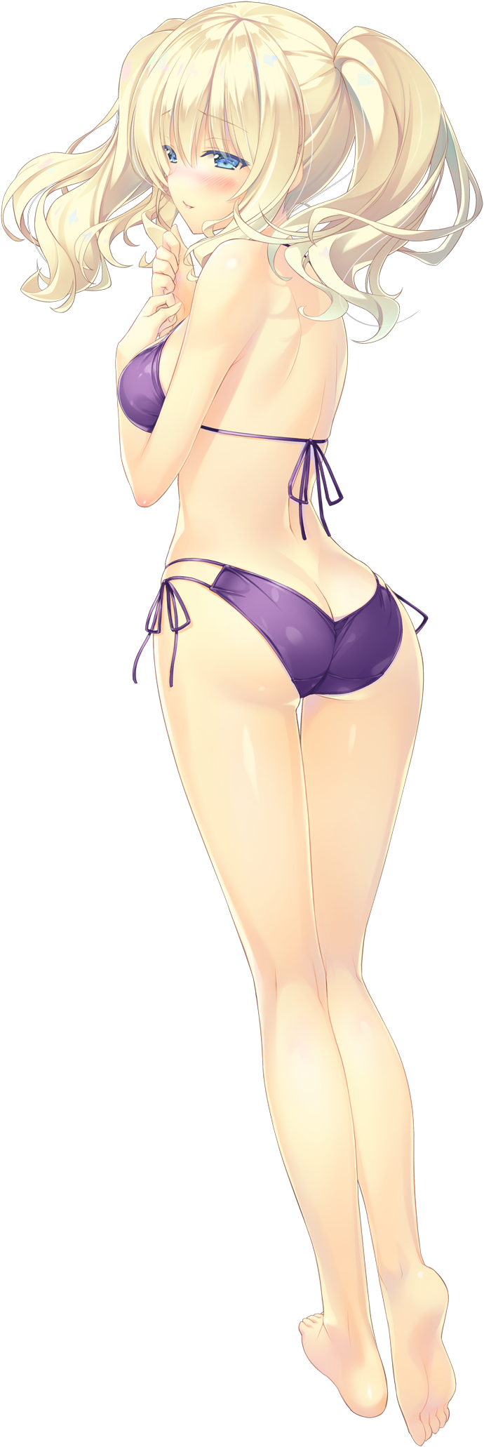 1girl, ashishun, ass, barefoot, bikini, blonde_hair, blue_eyes, blush