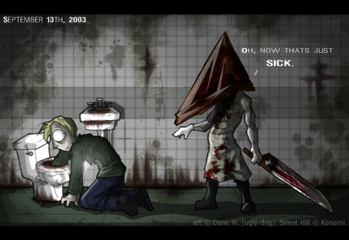 bathroom, dirty, humor, james_sunderland, joke, pyramid_head, silent_hill_2, toilet