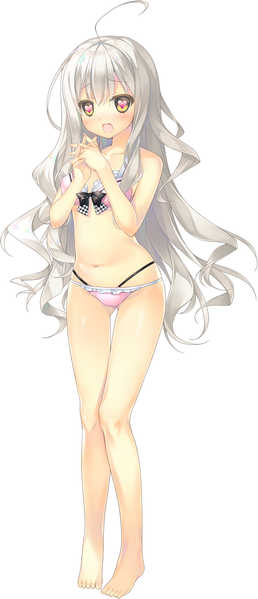 1girl, ahoge, ashishun, barefoot, bikini, blush, bow_bikini, eyebrows_visible_through_hair, feet, full_body, gluteal_fold, hands_together, heart, heart-shaped_pupils, highres, long_hair, misuzu_sasa, navel, official_art, open_mouth, ouchi_ni_kaeru_made_ga_mashimaro_desu, solo, swimsuit, symbol-shaped_pupils, toes, transparent_background, white_hair, yellow_eyes