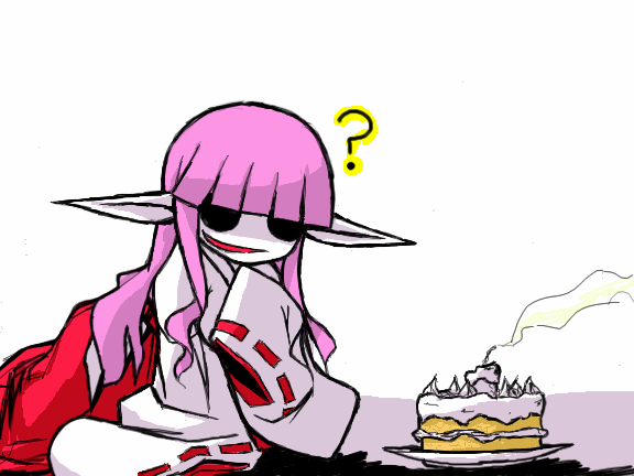 ?, akirame_miko, cake, candle, miko, pointy_ears, purple_hair, smile