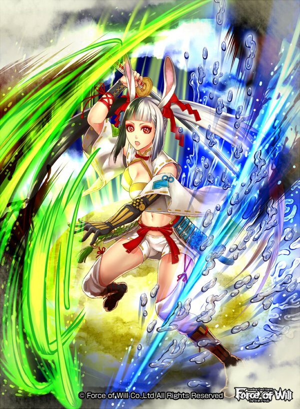 1girl, animal_ears, black_hair, breasts, cleavage, copyright_name, force_of_will, gloves