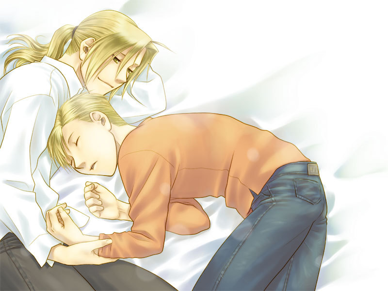 2boys, alphonse_elric, bed_sheet, blonde_hair, brothers, closed_eyes, edward_elric, fullmetal_alchemist